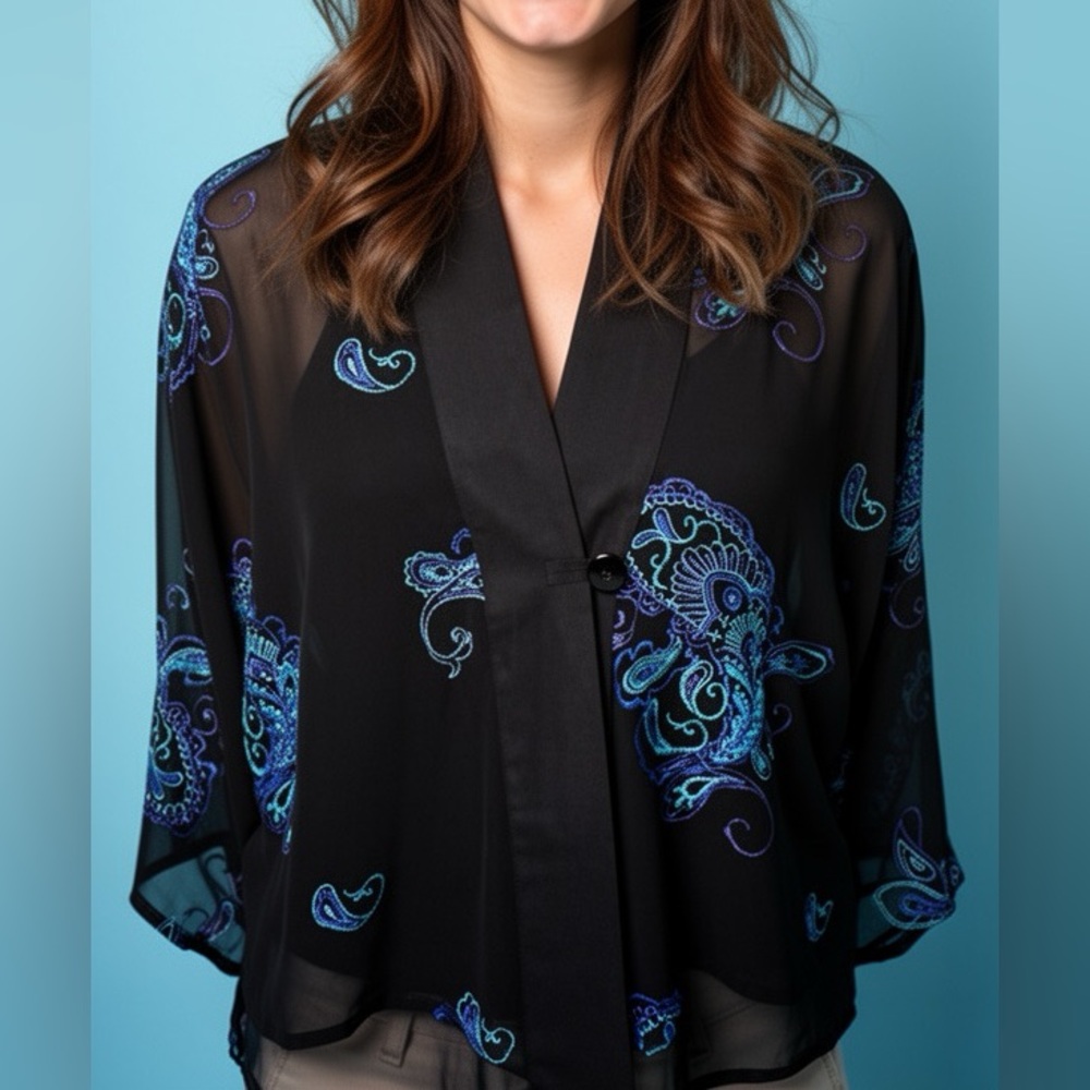 Chico's Turquoise 100% Silk Paisley Print Sheer‎ Cardigan Blouse - M/L